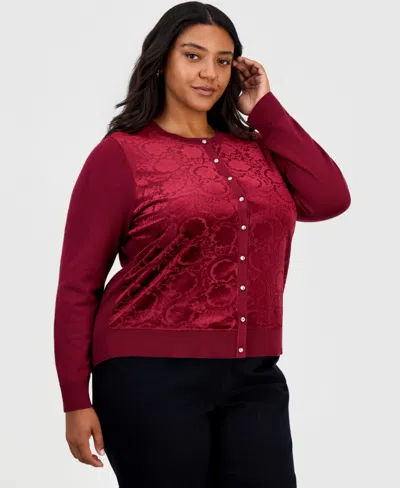 Jm Collection Plus Size Floral-print Crewneck Cardigan, Macy's Exclusive In Brown