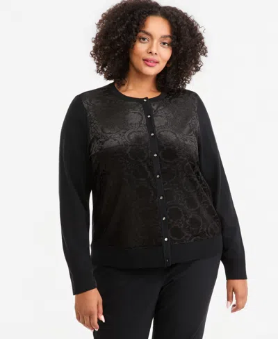 Jm Collection Plus Size Floral-print Crewneck Cardigan, Macy's Exclusive In Black