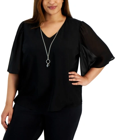 Jm Collection Plus Size Flutter-sleeve Necklace Top, Created For Macy's In Deep Black
