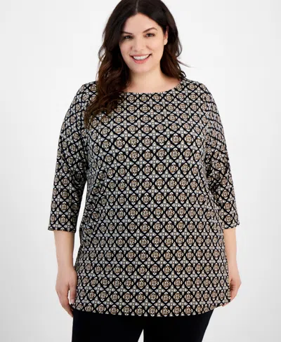 Jm Collection Plus Size Francesca Foulard Boat-neck Top, Created For Macy's In Deep Black Combo
