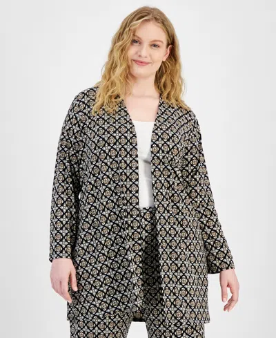 Jm Collection Plus Size Francesca Foulard Cardigan, Created For Macy's In Deep Black Combo