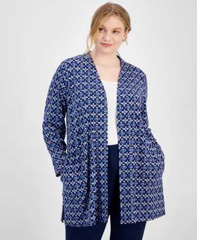 Jm Collection Plus Size Francesca Foulard Cardigan, Created For Macy's In Intrepid Blue Combo