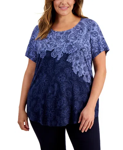 Jm Collection Plus Size Garden Etch Short-sleeve Top, Created For Macy's In Intrepid Blue Combo