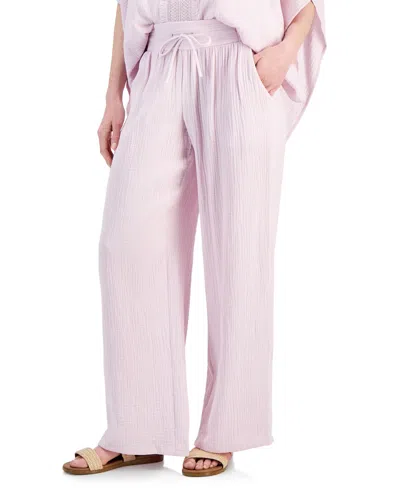 Jm Collection Plus Size Gauze Drawstring Pants, Created For Macy's In Lilac Sky