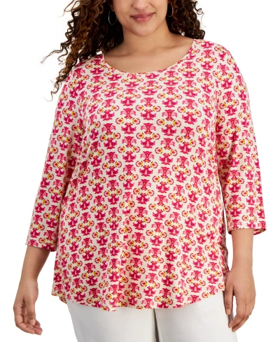 Jm Collection Plus Size Geo-print 3/4-sleeve Top, Created For Macy's In Sand Shell Combo