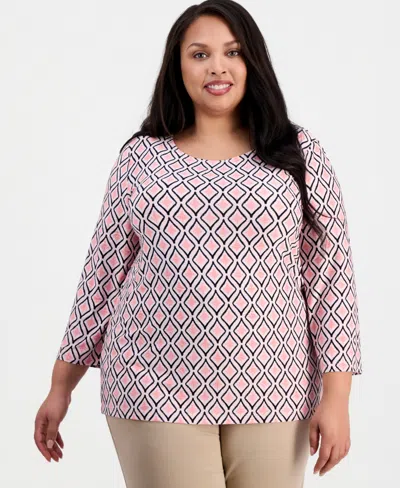 Jm Collection Plus Size Geo-print Jacquard Knit Top, Macy's Exclusive In Pink