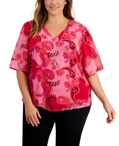 Jm Collection Plus Size Glamorous Garden Necklace Top, Created For Macy's In Claret Rose Combo