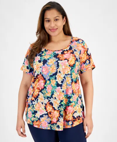 Jm Collection Plus Size Glorious Garden Scoop-neck Top, Created For Macy's In Intrepid Blue Combo