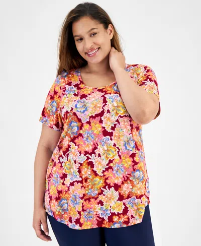 Jm Collection Plus Size Glorious Garden Scoop-neck Top, Created For Macy's In Ruby Slipers Combo