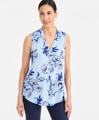 Jm Collection Plus Size Indina Floral Sleeveless V-neck Top, Macy's Exclusive In Blue