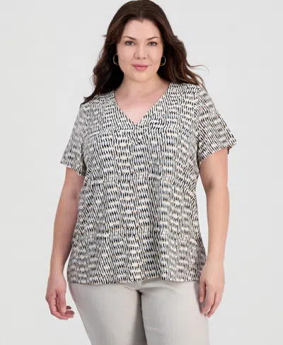 Jm Collection Plus Size Isabella Dot V-neck Flutter-sleeve Top, Macy's Exclusive In Black
