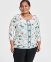 Jm Collection Plus Size Jacquard Floral-print 3/4-sleeve Top, Exclusively At Macy's In Multi