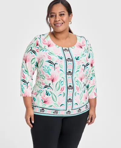 Jm Collection Plus Size Jacquard Floral-print 3/4-sleeve Top, Exclusively At Macy's In Eggnog Combo