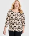 Jm Collection Plus Size Jacquard Printed 3/4-sleeve Top, Exclusively At Macy's In Deep Black