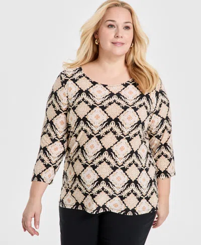 Jm Collection Plus Size Jacquard Printed 3/4-sleeve Top, Exclusively At Macy's In Deep Black