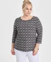 Jm Collection Plus Size Jacquard Printed 3/4-sleeve Top, Exclusively At Macy's In Deep Black Combo