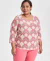 JM COLLECTION PLUS SIZE JACQUARD PRINTED 3/4-SLEEVE TOP, EXCLUSIVELY AT MACY'S