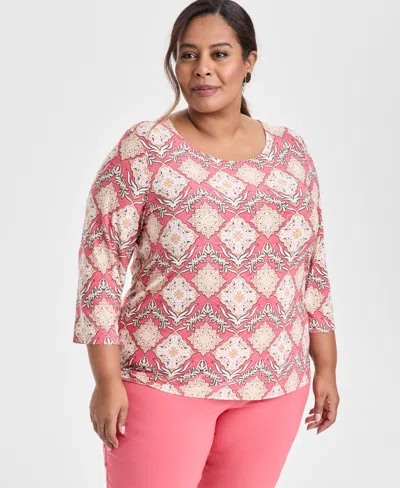 Jm Collection Plus Size Jacquard Printed 3/4-sleeve Top, Exclusively At Macy's In Pink Royal