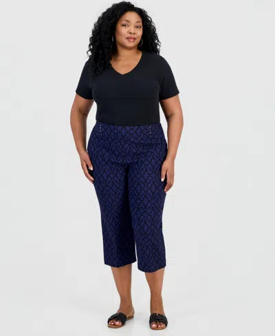 Jm Collection Plus Size Jacquard Rivet Capri Pants, Macy's Exclusive In Blue