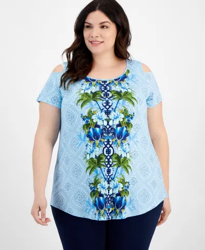 Jm Collection Plus Size Julia Jungle Cold-shoulder Top, Created For Macy's In Bayswater Combo