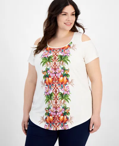 Jm Collection Plus Size Julia Jungle Cold-shoulder Top, Created For Macy's In Neo Natural Combo