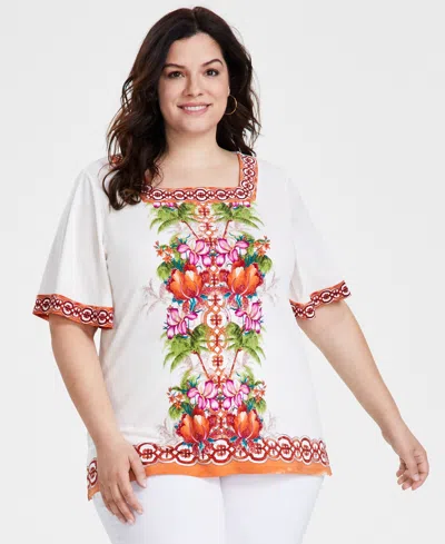 Jm Collection Plus Size Julia Jungle Square-neck Top, Created For Macy's In Neo Natural Combo