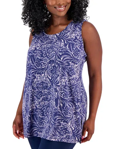 Jm Collection Plus Size Kassia Printed Knit Tank Top, Created For Macy's In Blueberry Combo