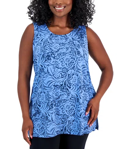 Jm Collection Plus Size Kassia Printed Knit Tank Top, Created For Macy's In Watery Blue Combo