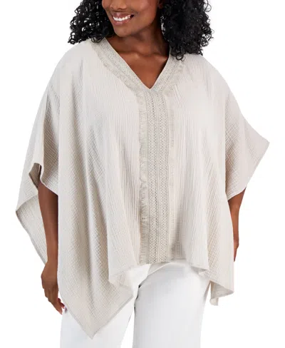 Jm Collection Plus Size Lace-trim Textured Poncho, Created For Macy's In Stonewall