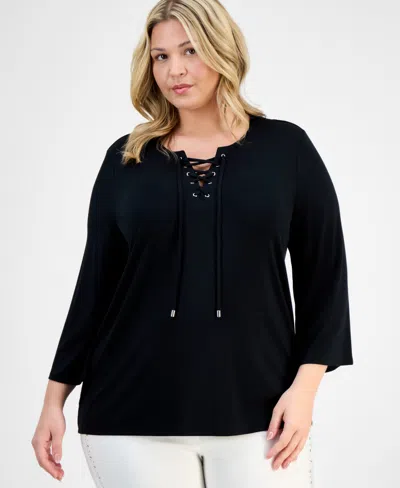 Jm Collection Plus Size Lace-up Split-neck Top, Exclusively At Macy's