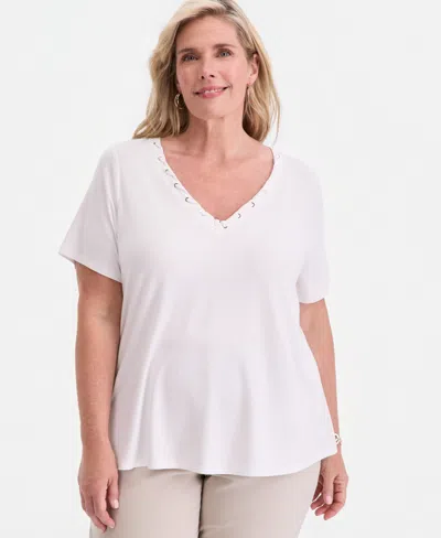 Jm Collection Plus Size Lace-up V-neck T-shirt, Macy's Exclusive In White