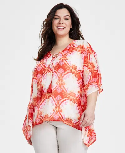 Jm Collection Plus Size Lacey Lush Lace-up Poncho, Created For Macy's In Pumpkin Seed Combo