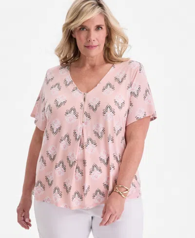 Jm Collection Plus Size Large Floret Zippered V-neck Top, Macy's Exclusive In Multi