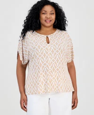 Jm Collection Plus Size Lattice-print Keyhole Dolman-sleeve Top, Macy's Exclusive In Brown