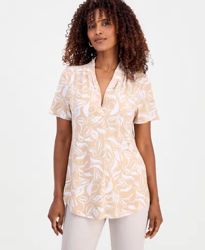 Jm Collection Plus Size Leaf Swirl V-neck Top In Multi