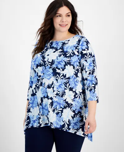 Jm Collection Plus Size Linear Garden Jacquard Swing Tunic, Created For Macy's In Intrepid Blue Combo