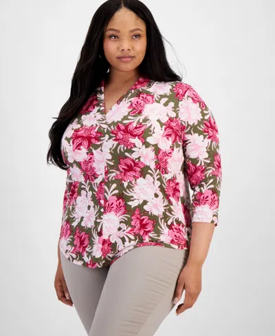 Jm Collection Plus Size Linear Garden V-neck Top, Created For Macy's In Army Green Combo