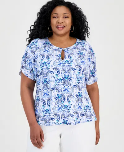 Jm Collection Plus Size Luca Paisley Keyhole Dolman-sleeve Top, Macy's Exclusive In Blue
