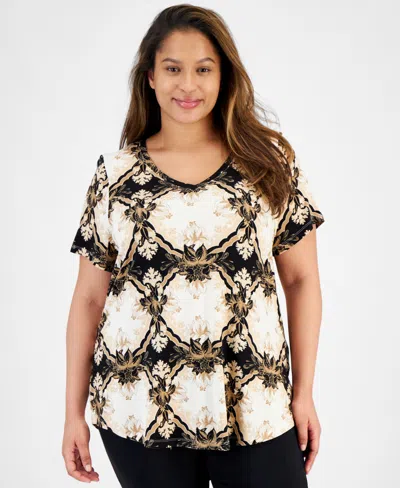 Jm Collection Plus Size Lush Print V-neck Top, Created For Macy's In Deep Black Combo