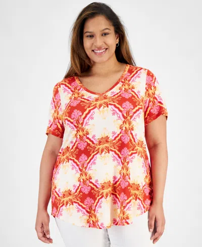 Jm Collection Plus Size Lush Print V-neck Top, Created For Macy's In Pumpkin Seed Combo