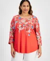 Jm Collection Plus Size Mariah Floral-print Top, Created For Macy's In Tomato Puree