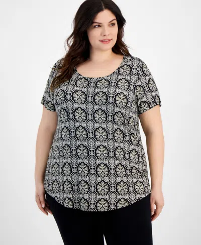 Jm Collection Plus Size Marrahkesh Medallion Print Top, Created For Macy's In Deep Black Combo