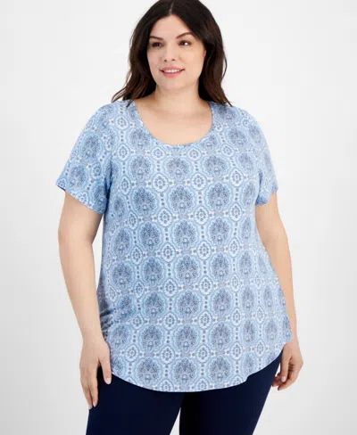 Jm Collection Plus Size Marrahkesh Medallion Print Top, Created For Macy's In Icicle Blue Combo