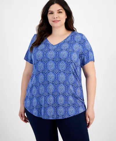Jm Collection Plus Size Marrakesh Medallion Print V-neck Top, Created For Macy's In Demure Blue Combo