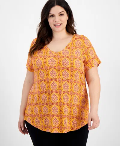 Jm Collection Plus Size Marrakesh Medallion Print V-neck Top, Created For Macy's In Sante Fe Sun Combo