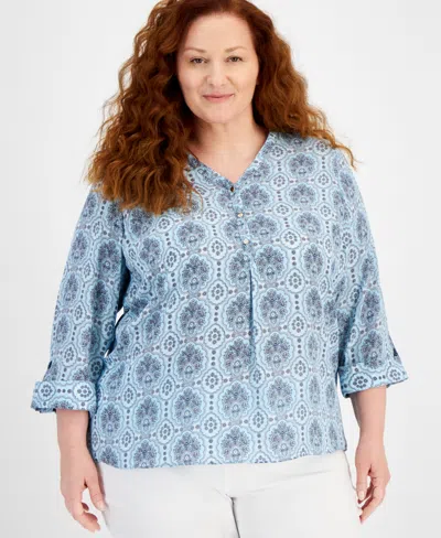 Jm Collection Plus Size Marrakesh Medallion Top, Created For Macy's In Icicle Blue Combo