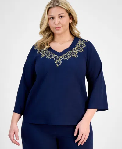 Jm Collection Plus Size Metallic Embroidered V-neck Top, Exclusively At Macy's In Blue