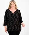 Jm Collection Plus Size Metallic Jacquard 3/4-sleeve Top, Macy's Exclusive In Black