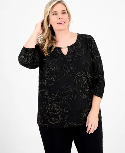 Jm Collection Plus Size Metallic Jacquard 3/4-sleeve Top, Macy's Exclusive In Black
