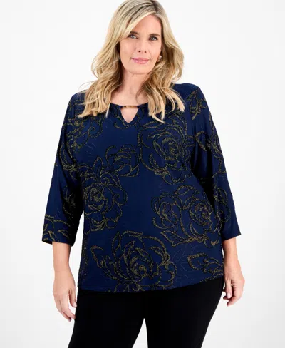 Jm Collection Plus Size Metallic Jacquard 3/4-sleeve Top, Macy's Exclusive In Blue